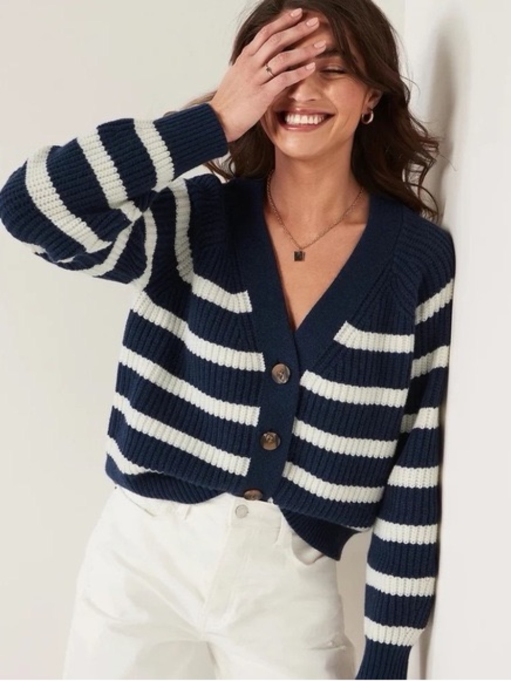 Old Navy Navy and White Striped Button-Front Shaker-Stitch Cardigan Sweater